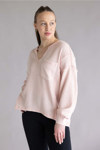 Blu Pepper Notched V Neck Knit Top Light Pink 