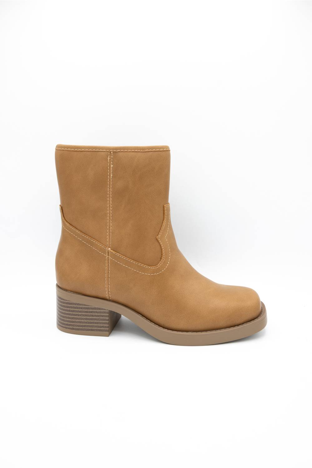 A tan suede ankle boot with a low block heel, shown from a side profile view against a plain white background.