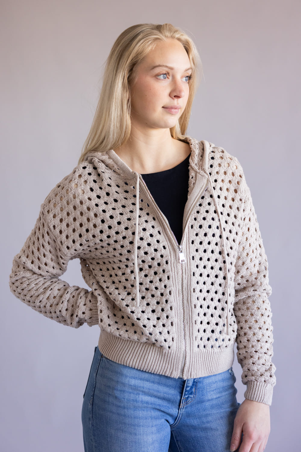 Elan Open Knit Full Zip Hooded Cardigan for Women in Taupe