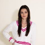 Olivaceous Pickleball V-Neck Sweater for Women in White/Pink