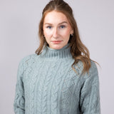 Mock Neck Cable Pointelle Sweater for Women in Jade Grey