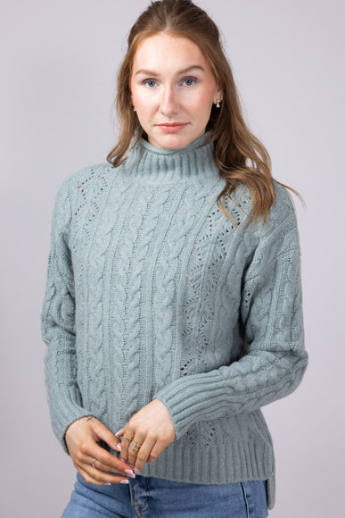 Mock Neck Cable Pointelle Sweater for Women in Jade Grey