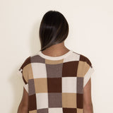 Olivaceous Checkered Colorblock Sweater Vest for Women in Brown