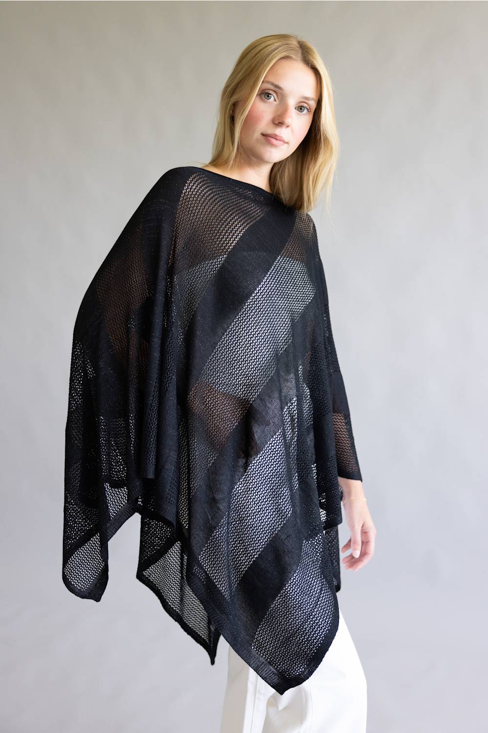 Open Knit Poncho for Women in Black