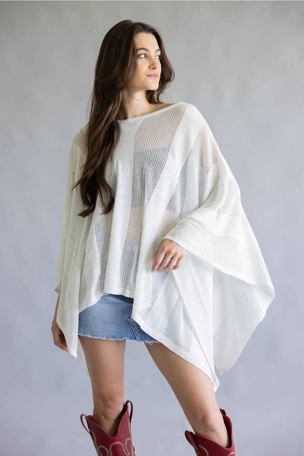 Open Knit Poncho for Women in Ivory