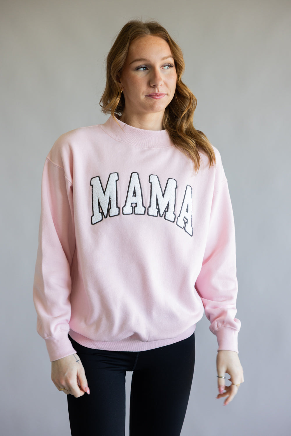 Oversized Mama Mock Neck Fleece Sweatshirt for Women in Baby Pink