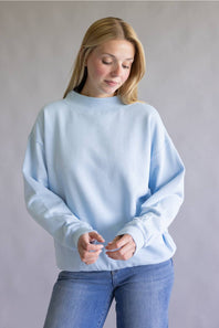 Oversized Mock Neck Fleece Pullover for Women in Baby Blue