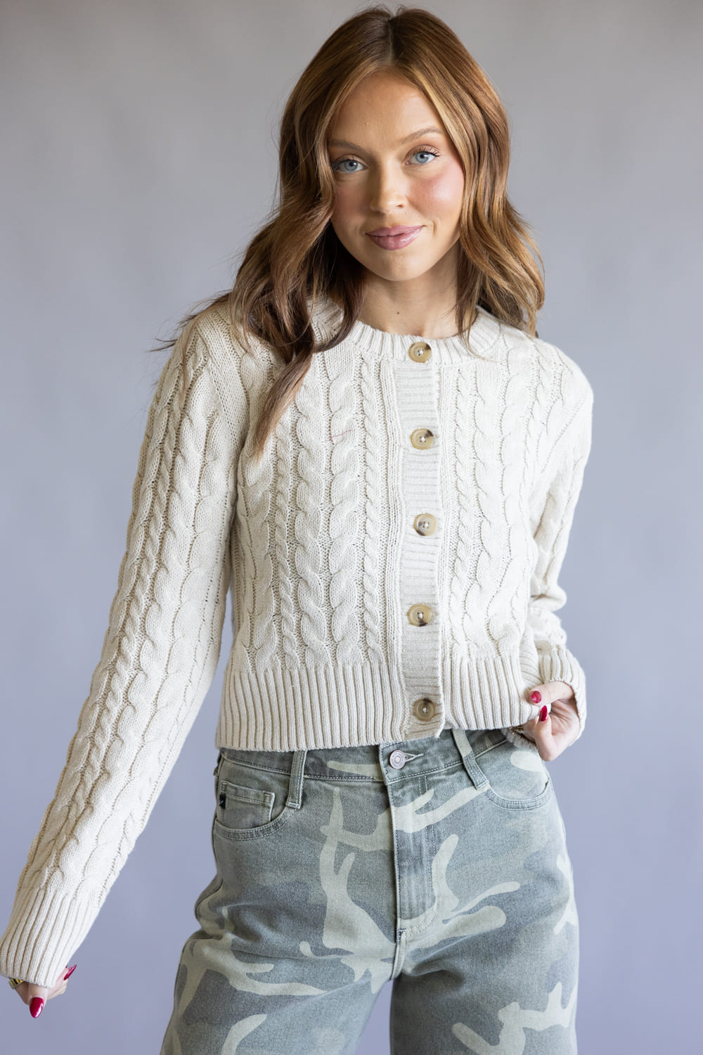 Button Front Cable Cardigan for Women in Magic Stone