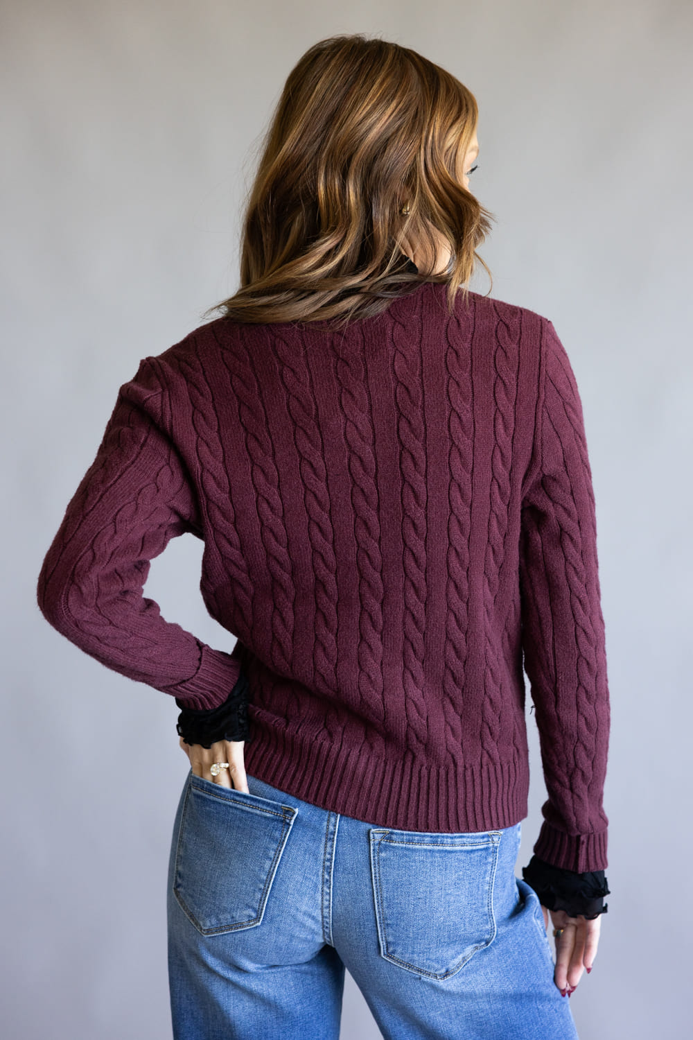 Button Front Cable Cardigan for Women in Port Wine