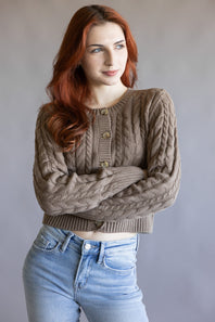 Button Front Cable Cardigan for Women in Portabella