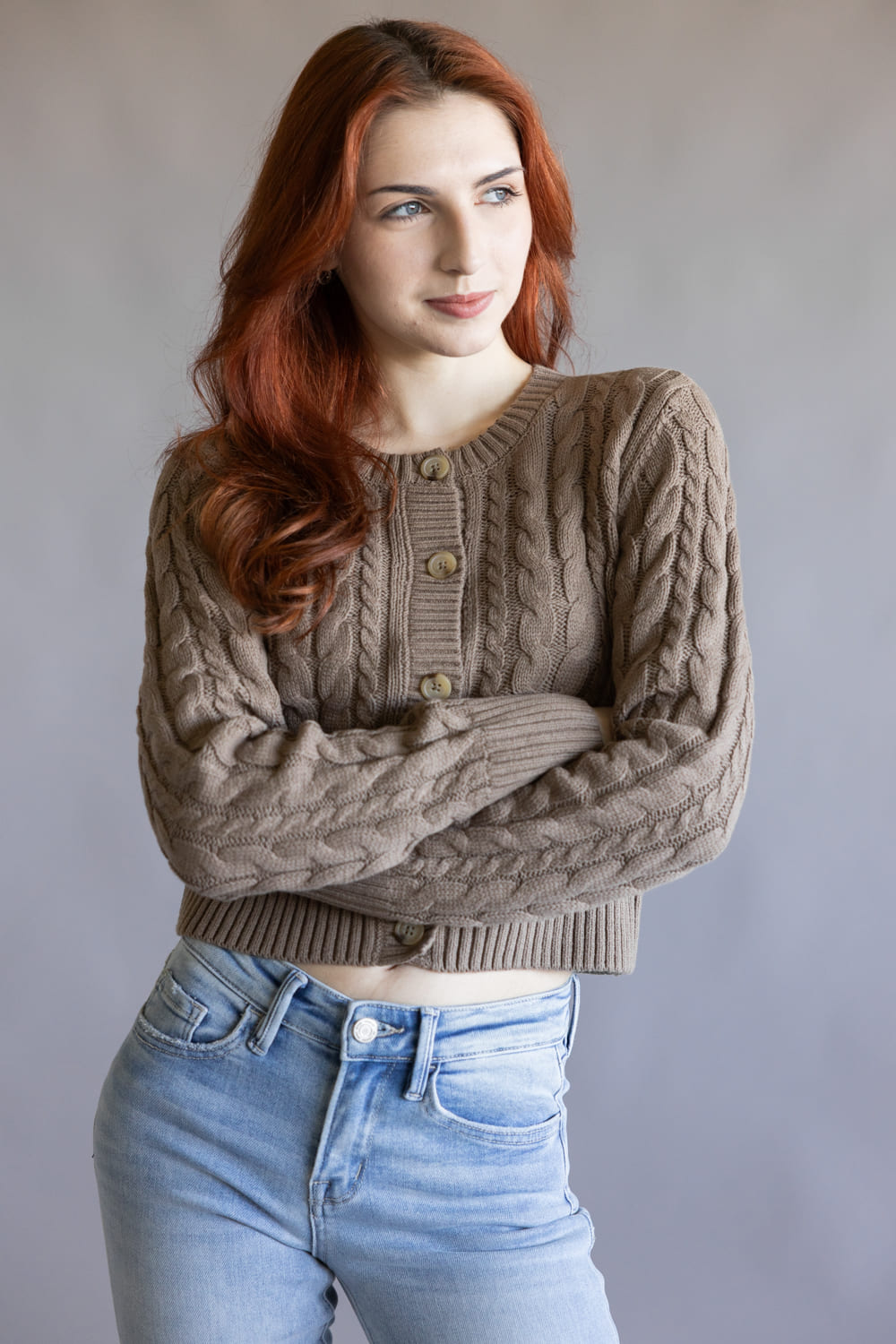 Button Front Cable Cardigan for Women in Portabella