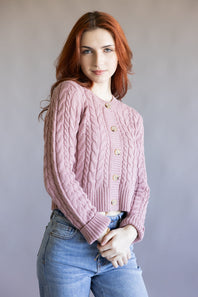 Button Front Cable Cardigan for Women in Faded Mauve