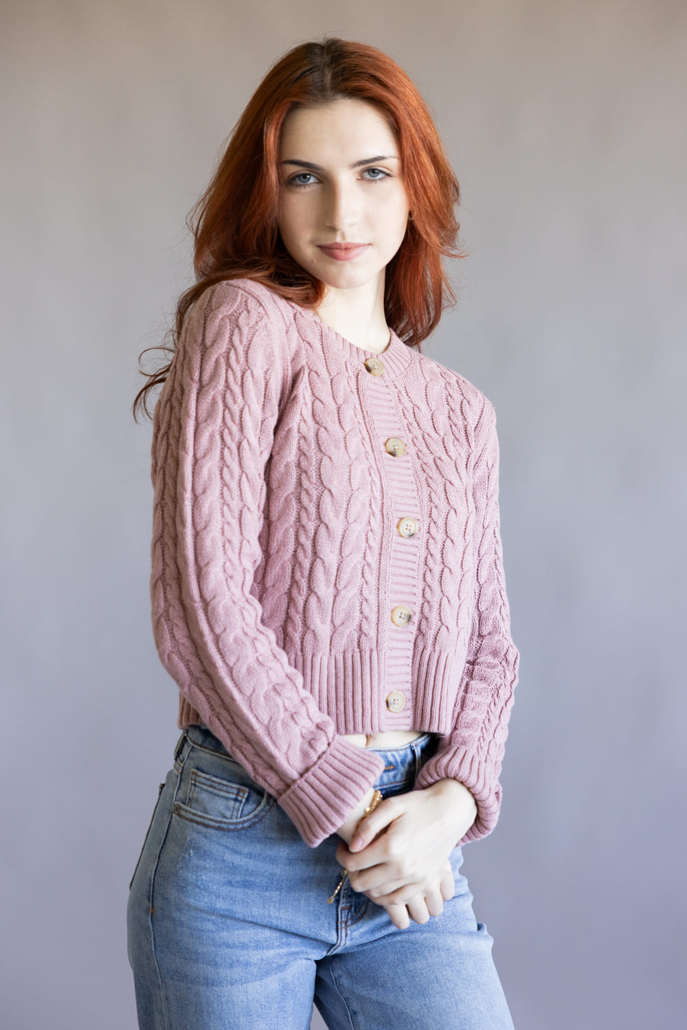 Button Front Cable Cardigan for Women in Faded Mauve