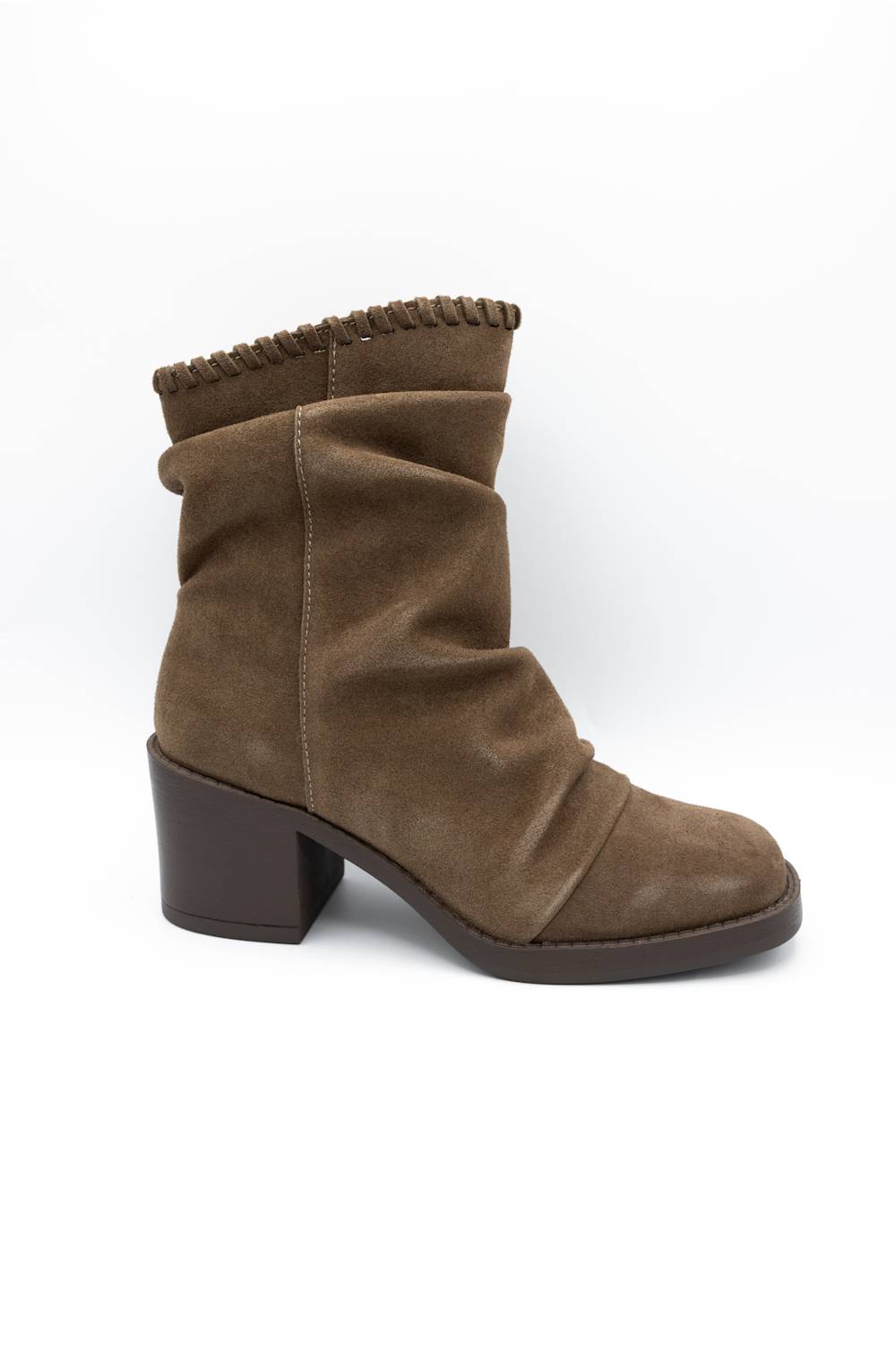 A single brown suede ankle boot with a low block heel and a decorative braided trim along the top collar, shown against a plain white background.