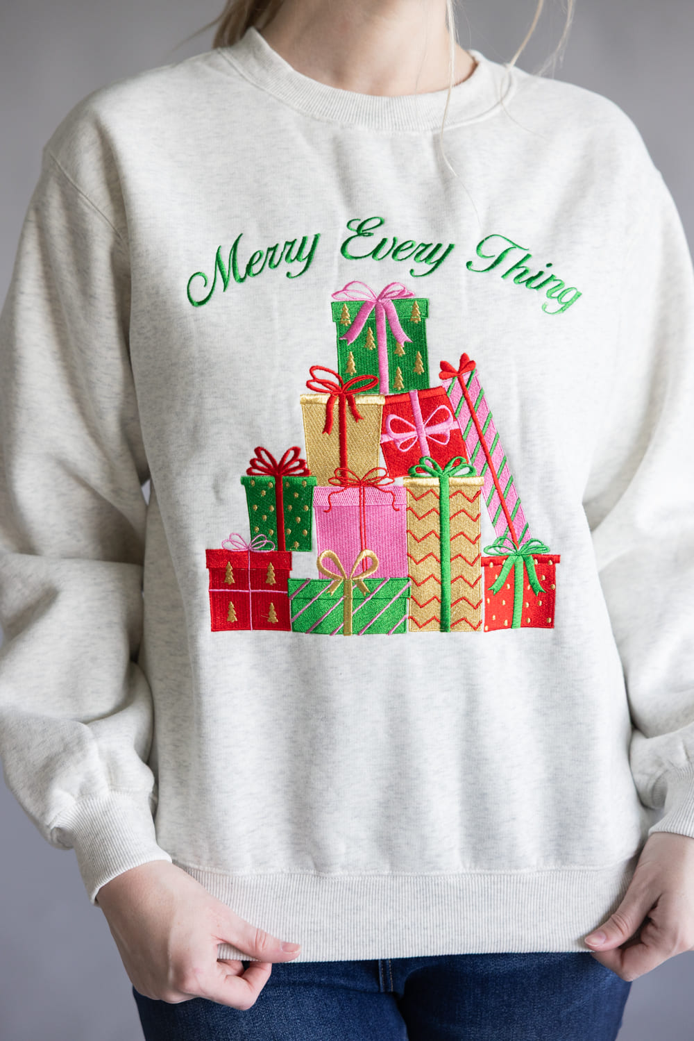 Merry Everything Christmas Embroidered Sweatshirt for Women in Heather Gray
