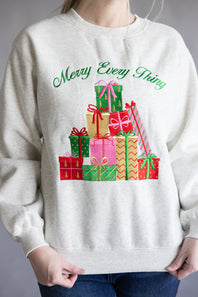 Merry Everything Christmas Embroidered Sweatshirt for Women in Heather Gray