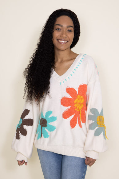 POL V-Neck Multi Flower Sweater for Women in Ivory