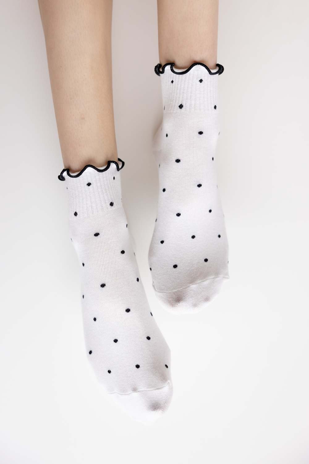 Polka Dot Ruffled Crew Socks for Women in White