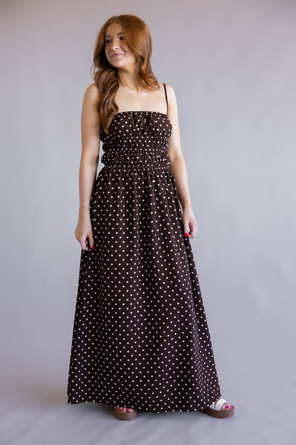 ACOA Polka Dot Midi Dress for Women in Brown