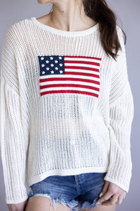 Simply Southern Open Knit Flag Sweater for Women in Cream