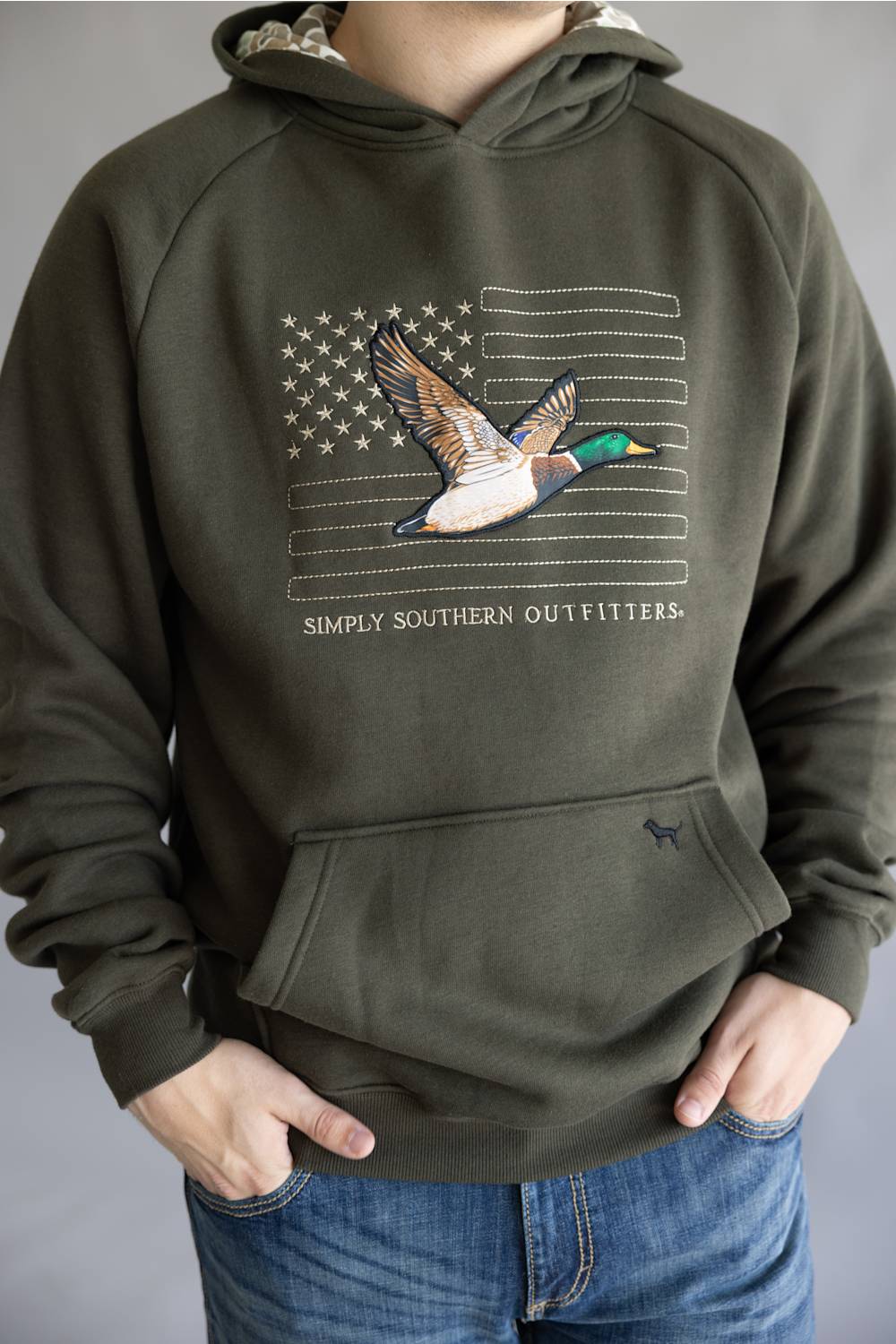 Simply Southern Outdoor Camo Flag Hoodie for Men in Dark Green | PP-0226-MN-HD-OTDR-GREEN