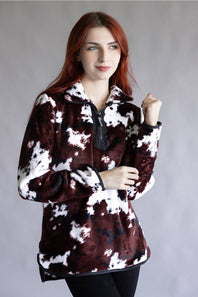 Simply Southern Y-Neck Pullover for Women in Cow Print