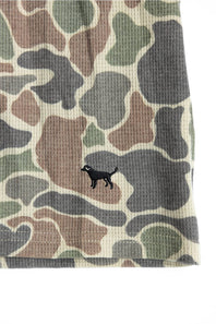 Waffle knit textured boy's hoodie with all over camo pattern and long sleeves 