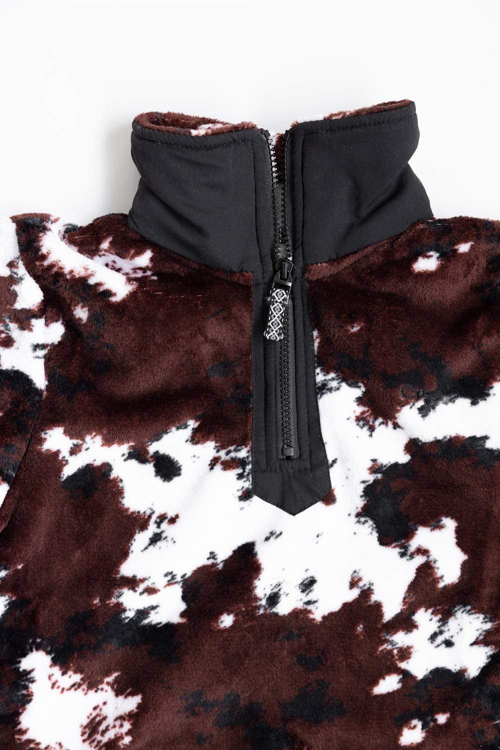 Faux fur youth pullover with brown cow print all over 