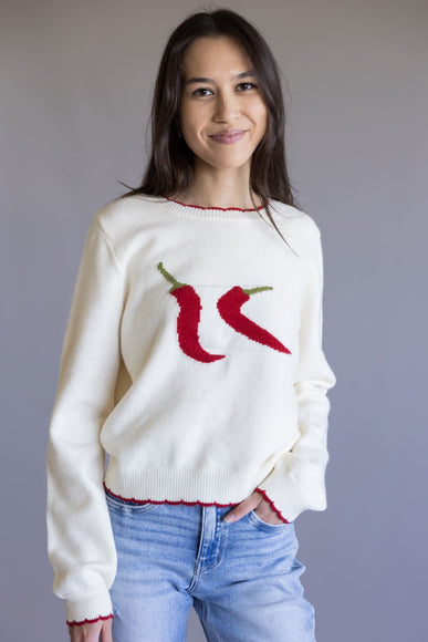 Red Chili Pepper Sweater for Women in Ivory
