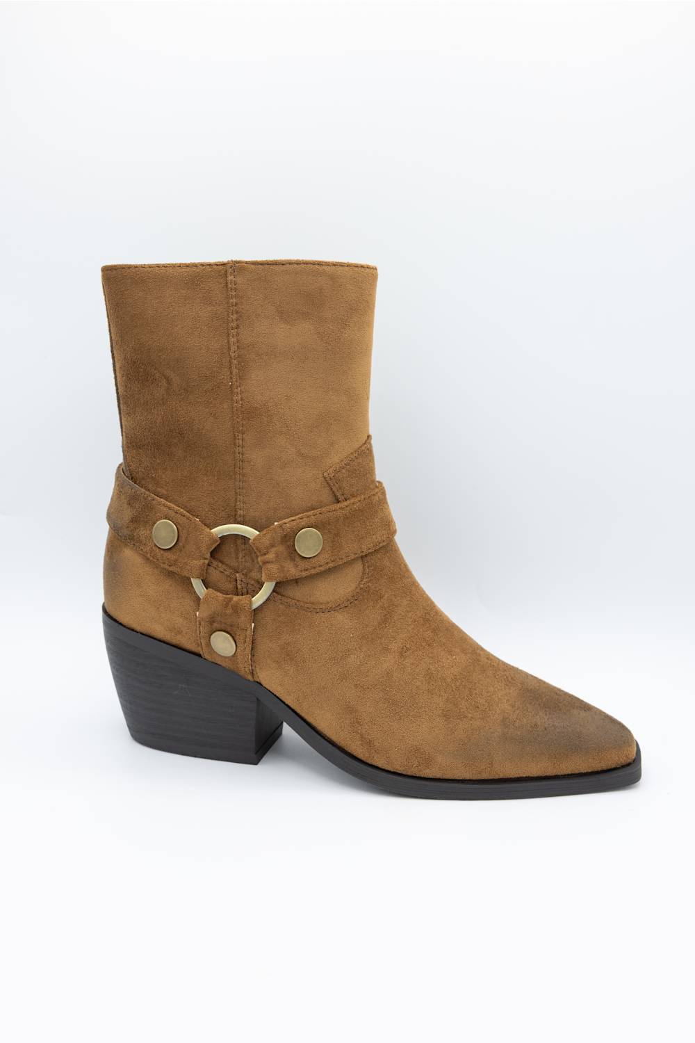 A brown suede ankle boot with a black block heel, a decorative strap across the ankle featuring gold-tone rivets and a ring detail, and a pointed toe, shown against a plain white background.