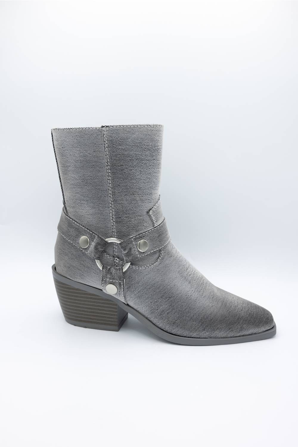A single gray ankle boot with a pointed toe, low stacked block heel, and decorative strap with silver-tone studs and a bow detail on the side, shown against a plain white studio background.