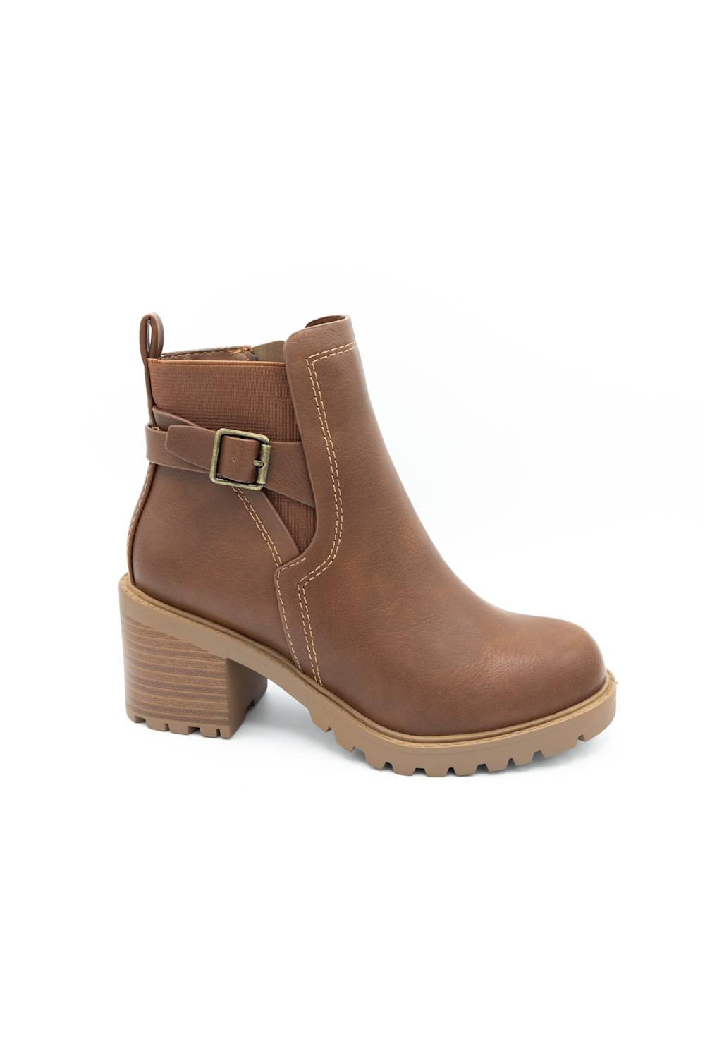 A brown leather ankle boot with a block heel, a side buckle strap detail, and a lug sole, shown on a plain white background.