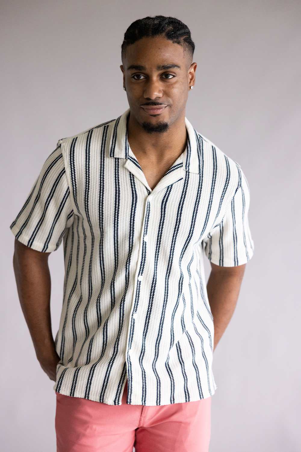Textured Woven Button Up Shirt for Men in Cream/Black
