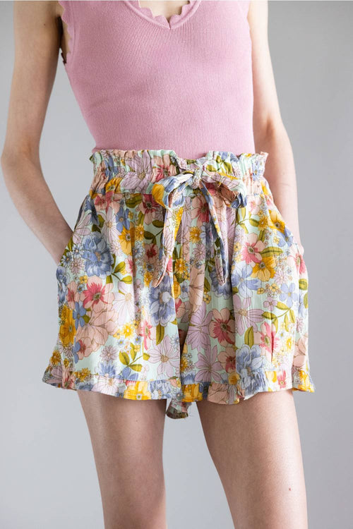 Paperbag Floral Tie Waist Ruffle Shorts for Women in Bay