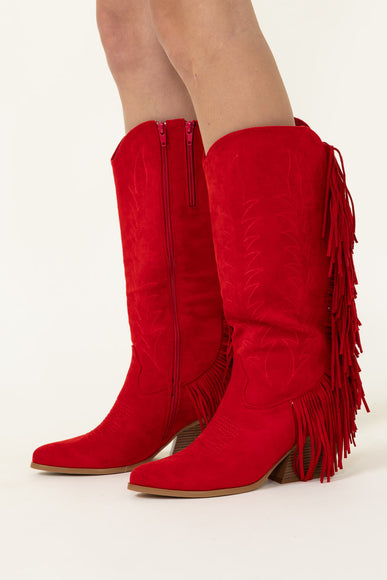 Pierre Dumas Dusty Western Fringe Midi Boots for Women in Red 
