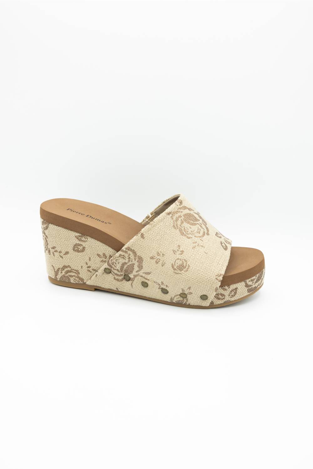 Pierre Dumas Vivian Floral Wedge Sandals for Women in Bronze; Beige wedge sandal with floral pattern on a white background