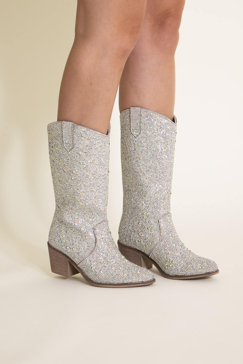 Glitter Sequin Cuffed Western Boots Womens Block Heel Pointed Toe Mid Calf  Boots