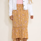 Pink Rose Hi-Low Midi Skirt for Women in Mustard Floral