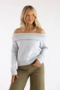 Front view of the Pink Rose Marilyn Off the Shoulder Knit Sweater in heather grey.