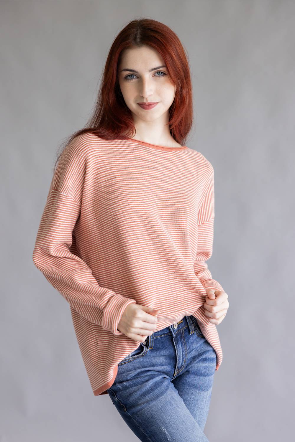 Pinstriped Long Sleeve Sweater for Women in Terracotta