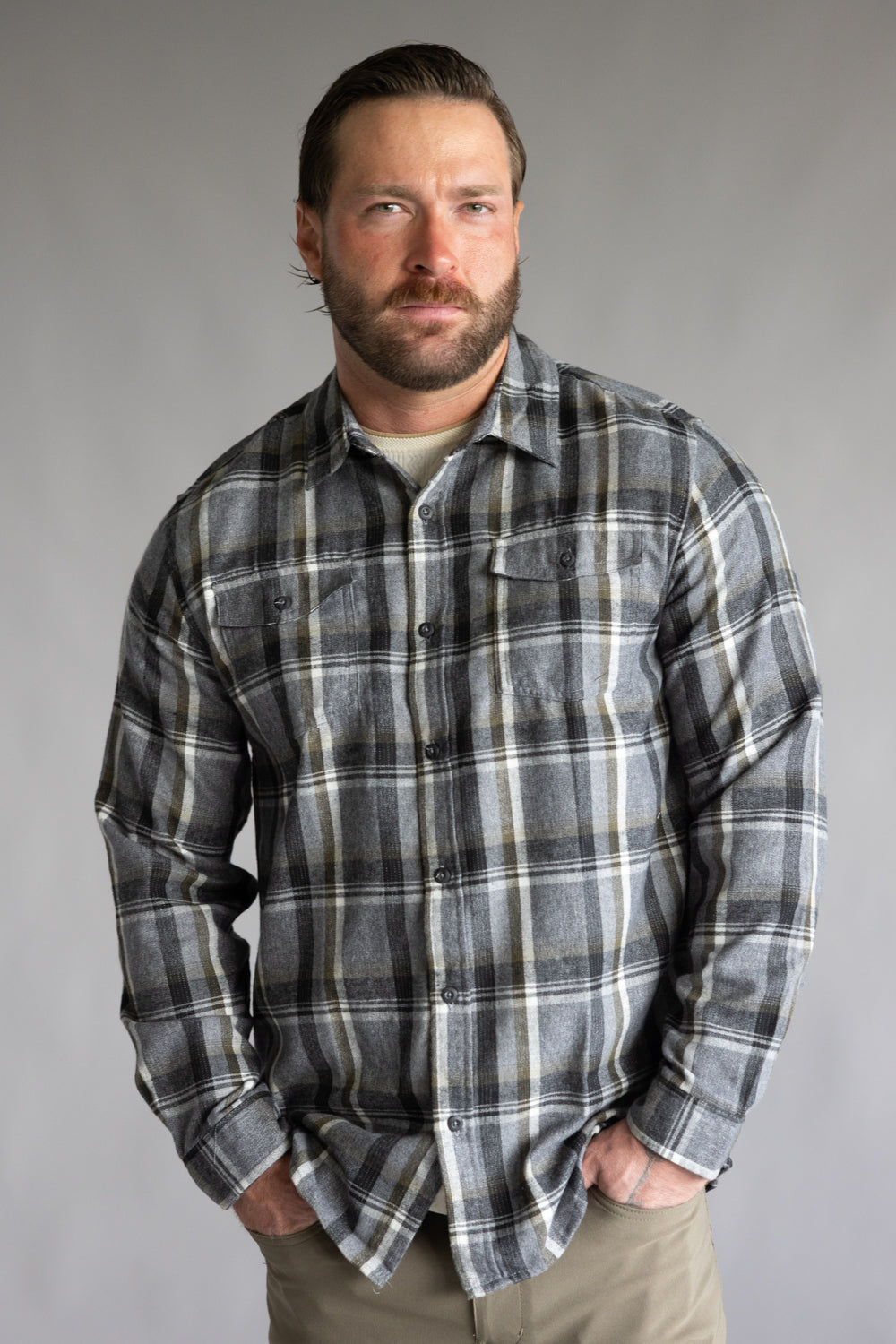 Plaid Flannel Shirt for Men in Grey Olive