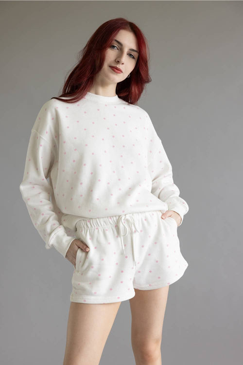 Polka Dot Fleece Shorts for Women in Ivory/Pink