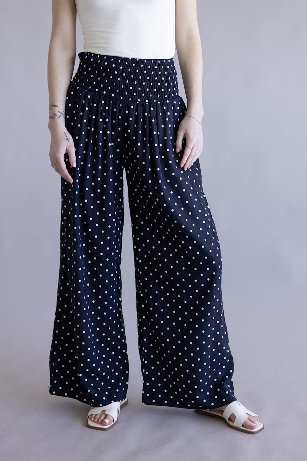 Polka Dot Smocked Wide Leg Pants for Women in Navy