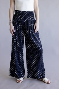 Polka Dot Smocked Wide Leg Pants for Women in Navy