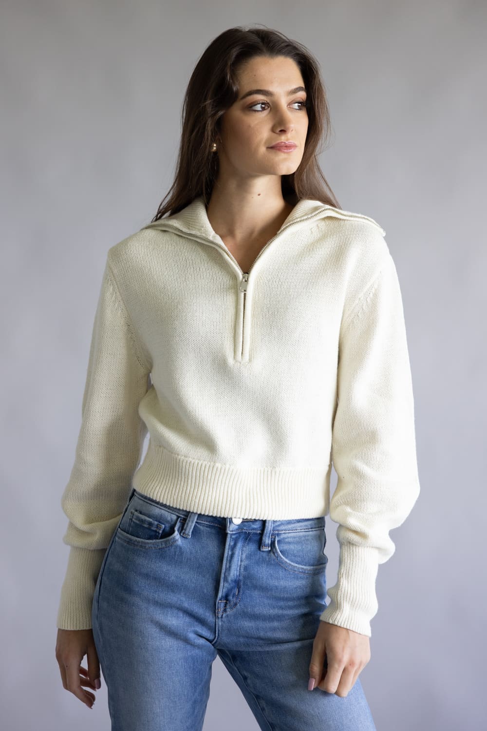 Quarter Zip Crop Sweater for Women in Blizzard White | PF5S27844