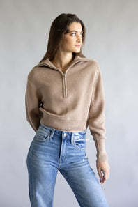 Quarter Zip Crop Sweater for Women in Dutch Mocha