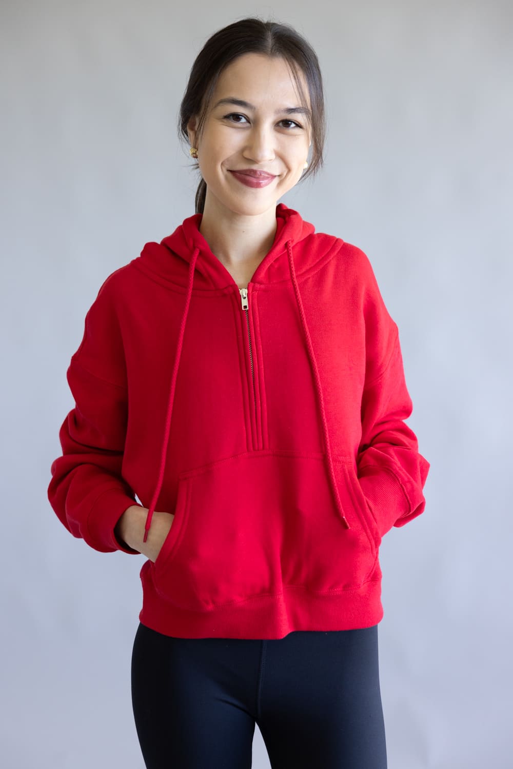 Half Zip Drawstring Fleece Hoodie for Women in Red