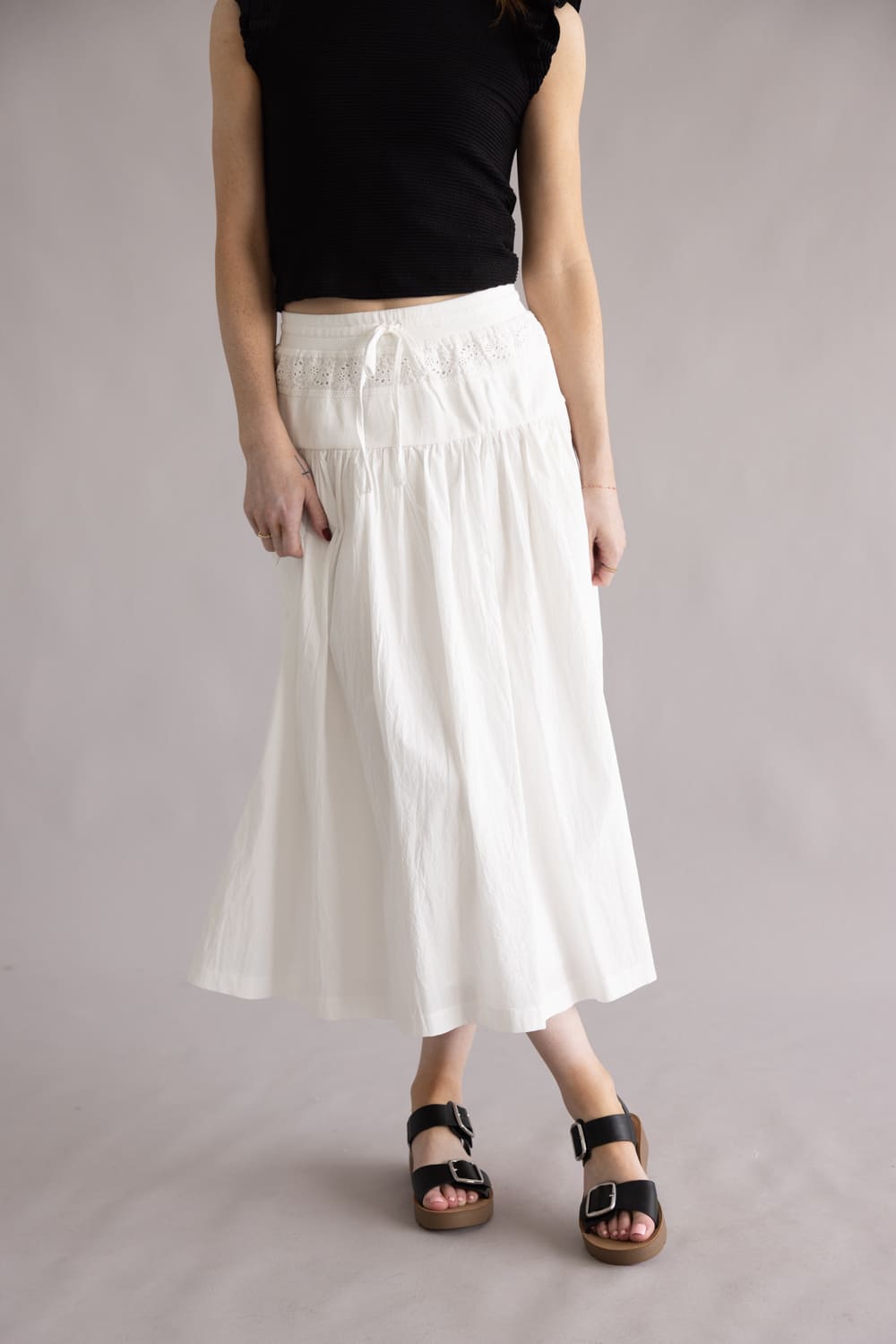 Eyelet Tie Waist Midi Skirt for Women in White | S25416-OFFWHITE