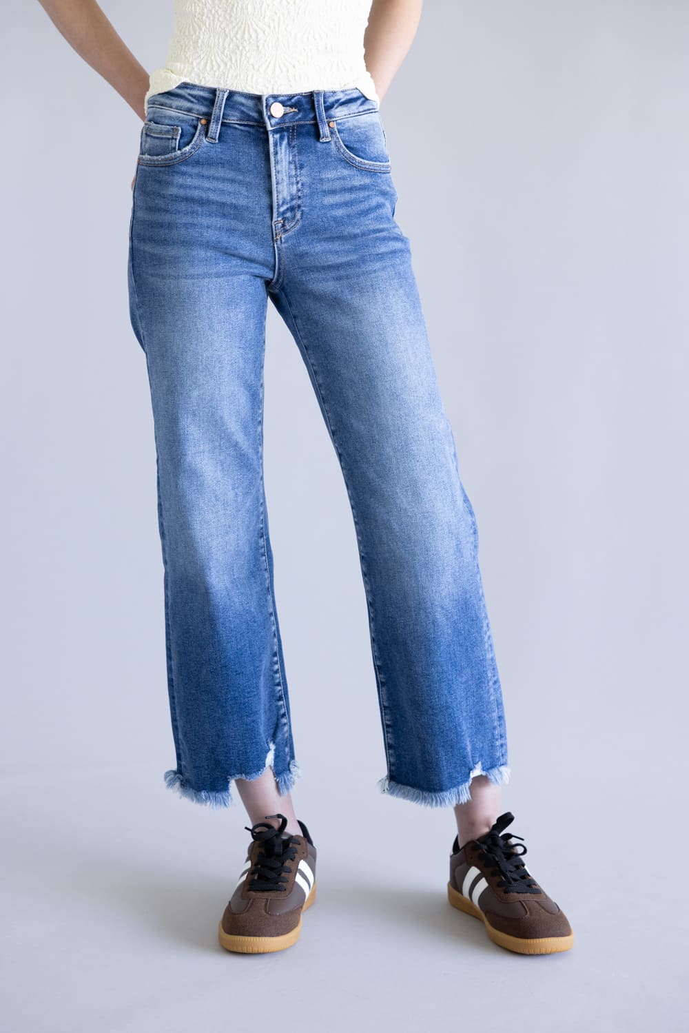 Risen Mid Rise Crop Straight Jeans for Women
