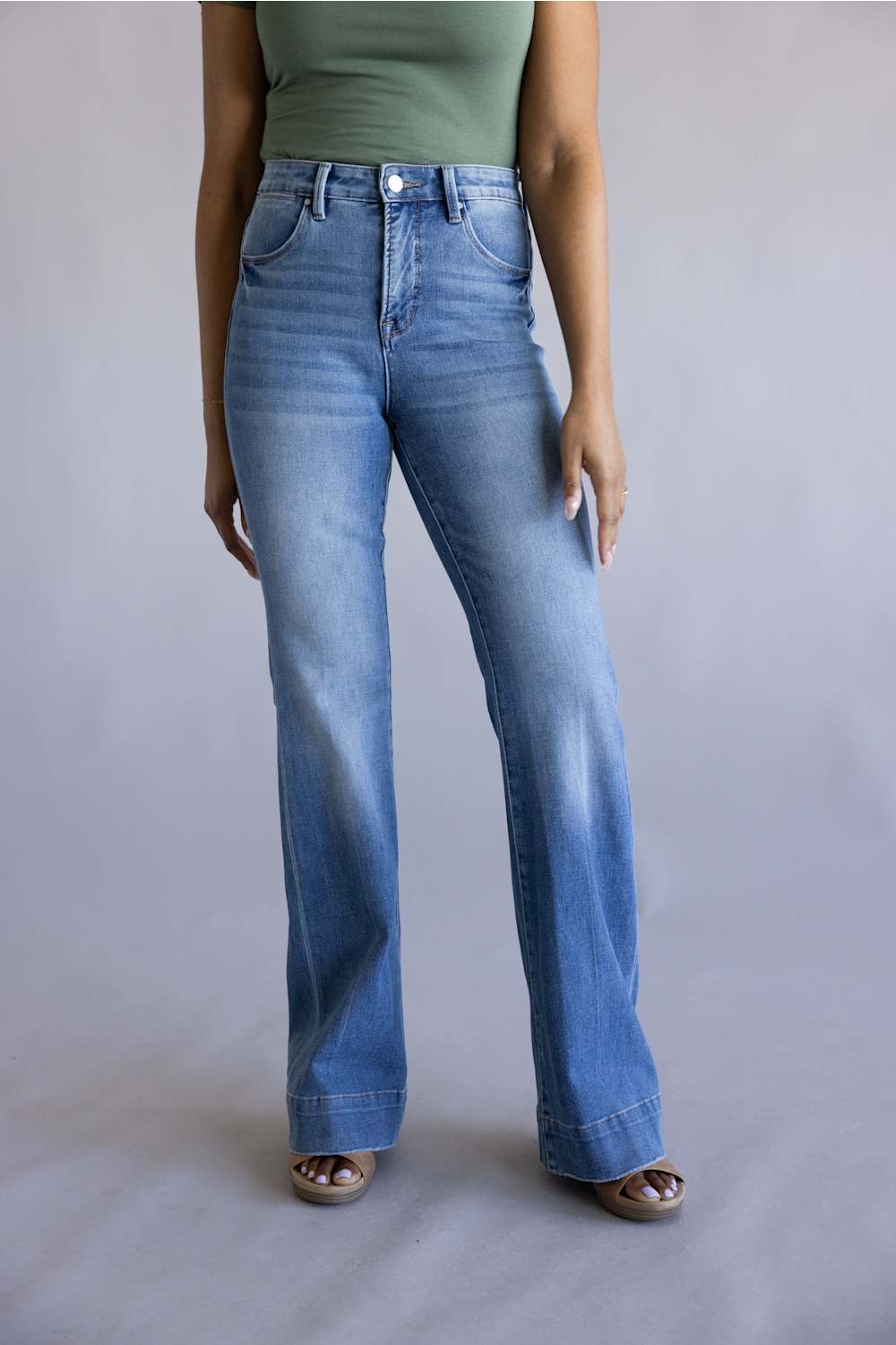 Risen Mid Rise Tummy Control Flare Jeans for Women
